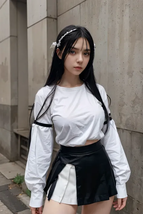 Anime girl, blue eyes , long black hair, and white hair clip, and wearing unbuttoned white shirt, and white t-shirt underneath and black Armband on right sleeve and wearing black skirt 