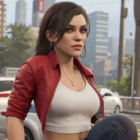 ( rain & blured background, bokeh) (night )LUCIA From GTA 6: Clothing: Casual Urban Style: Lucia might wear clothing that reflects a modern, urban aesthetic, such as fitted jeans or cargo pants paired with stylish tops. Layered Looks: She could be seen in ...