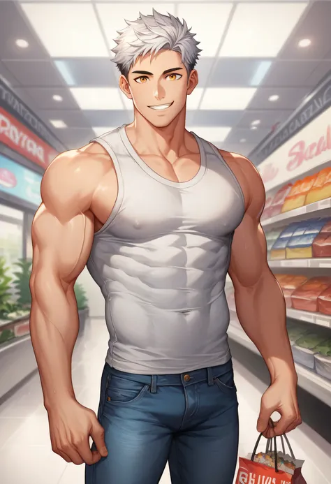 score_9, score_8_up, score_7_up, score_6_up, 1boy, solo, straight hair, short hair, silver-white hair, amber eyes, muscular, gigachad, . Handsome male teen (Teen) sleeveless sports shirt, jeans, in a shopping mall interior (Having fun), standing, looking a...