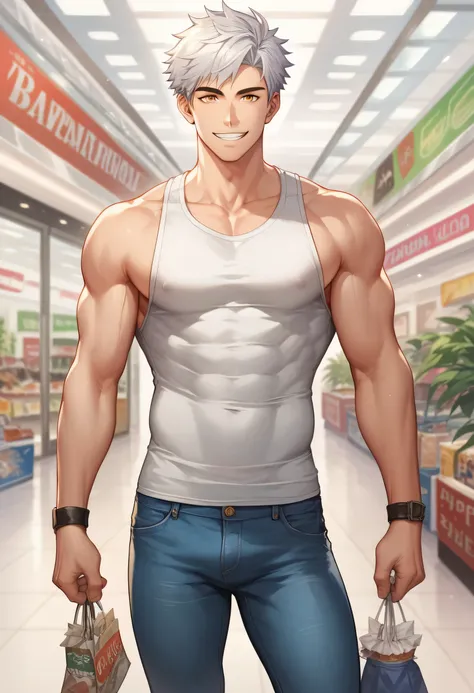 score_9, score_8_up, score_7_up, score_6_up, 1boy, solo, straight hair, short hair, silver-white hair, amber eyes, muscular, gigachad, . Handsome male teen (Teen) sleeveless sports shirt, jeans, in a shopping mall interior (Having fun), standing, looking a...