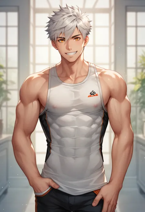 score_9, score_8_up, score_7_up, score_6_up, 1boy, solo, straight hair, short hair, silver-white hair, amber eyes, muscular, gigachad, toned. Handsome male teen (Teen) sleeveless shirt, (Fashionable clothing. Video game room (Having fun), standing, looking...