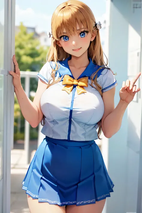 (masterpiece, best quality:1.2), cowboy shot, solo, 1girl, mariana prinsilla, smile, closed mouth, looking at viewer, school uniform, white serafuku, blue sailor collar, blue pleated skirt, large breasts