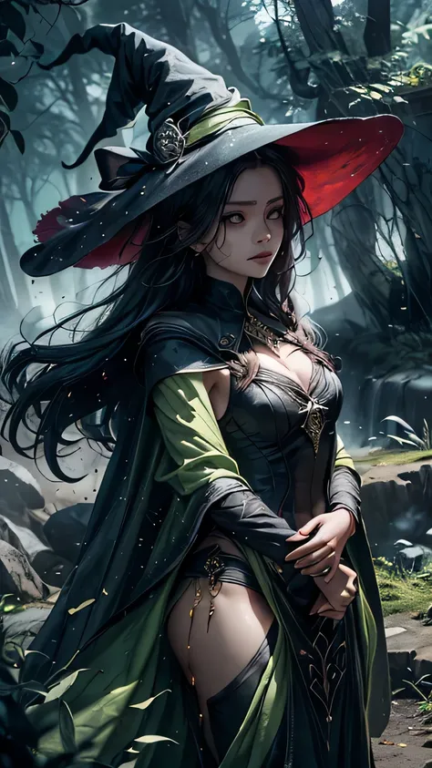  A young witch is casting a bright green light ,   Her fingers are shining brightly green  .  She holds out a hand as she stands  ,  Focus on her energy ， as mysterious symbols sparkle in the air around her.  Her eyes shine with strength ,   Her flowing ca...