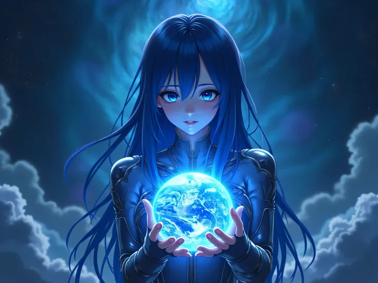 blue anime woman holding the world in her metallic hands against the background of a universe size 60 x 35