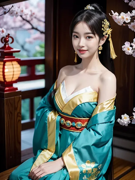 A girl , idol, detailed shrine maiden clothes, Full body shot, turquoise blue and gold shrine maiden clothes, Luxury shrine maiden clothes with detailed embroidery, bare shoulders, long hair, wearing transparent , best quality, (hair ornament:1.35), jewelr...