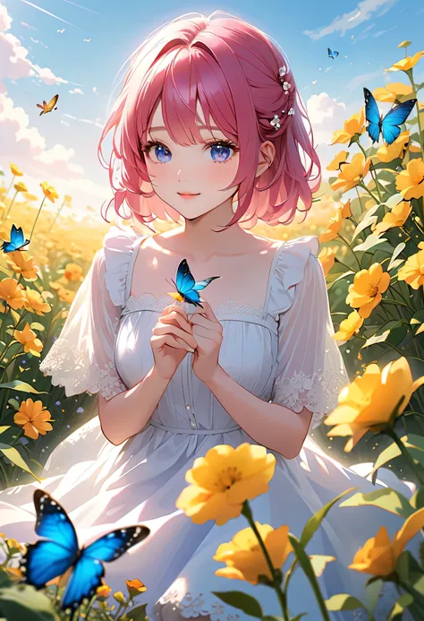  top quality、 high definition 、( high image quality:1.2)、masterpiece、 detailed background、( detailed eyes :1.2)、Teenage beauty、 brightly colored hair color 、 bob cut 、 ponytail 、That figure that keeps staring at the sky is ephemeral yet adorable 、A flower ...