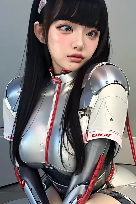 masterpiece, best quality, extremely detailed,portrait,front view,Japaese android girl,Plump, control panels,android,Droid,Mechanical Hand, Robot arms and legs,Blunt bangs,long tube,thick cable connected her neck