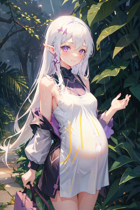 1girl, ((medium-small breasts)), light smile, light blush, standing in rain, long hair, white hair, purple eyes, ((pointy ears)), tank top, trees, vegetation, (neutral colors), (hdr:1.3) super resolution, super detailed, ultra detailed, masterpiece, best q...