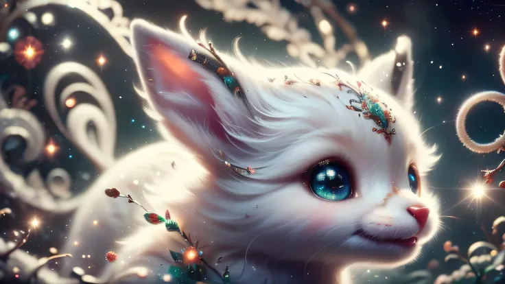 Magical Fantasy Creature, (Best Quality, Masterpiece, Representative Work, Official Art, Professional, Super Detailed, 8k:1.3), (Photorealism:1.2) Super Cute, Big Eyes, Soft, Soft Nose, Fluffy, Double-Toothed Smile, Aurorastyle, Highly detailed Dynamic sho...