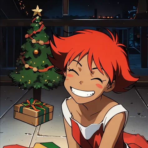 Edward, orange hair, lightly dark skin, wearing a Santa dress, eyes closed, big grin, canon backgroubd, Christmas tree, sitting on floor