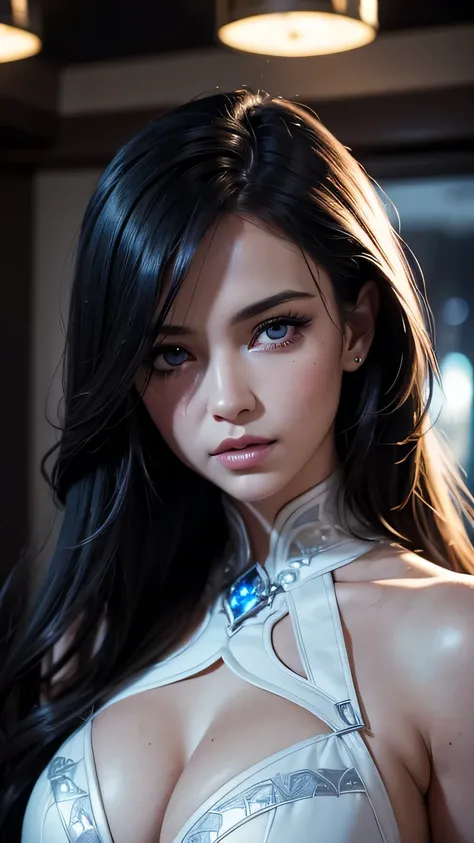 woman with long wavy black hair,beautiful detailed eyes,beautiful detailed lips,extremely detailed face,longeyelashes,purple eyes,blue and white futuristic dress,messy room interior,night scene,(best quality,4k,8k,highres,masterpiece:1.2),ultra-detailed,(r...