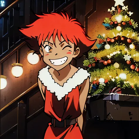 Edward, orange hair, lightly dark skin, wearing a Santa dress, eyes closed, big grin, canon background d, Christmas tree, standing with arms behind back