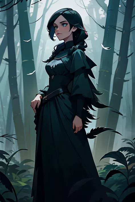 Yennefer, misty forest, black hair long braid, black dress, feathers, tall