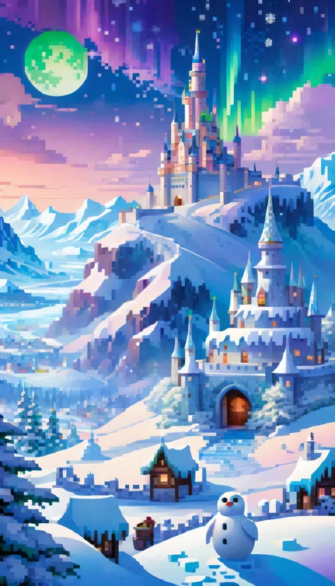 The center of the image is a majestic castle, sparkling under the moon and stars. The castle is made of ice and snow, with polygonal towers and ornate roofs, decorated with sparkling snowflakes.
Surrounding the castle are wide expanses of snow-white fields...