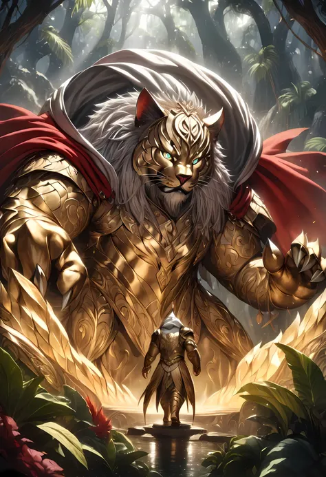 a cat warrior chieftain, highly detailed and intricate digital painting, dramatic lighting, cinematic composition, heroic pose, piercing eyes, sharp claws, fur texture, vibrant colors, cinematic atmosphere, highly detailed, cinematic lighting, dramatic pos...