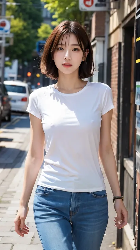 Top quality, one beautiful woman, long T-shirt erect nipples,age 20,35mm lens,f/1, Walking figure facing front,