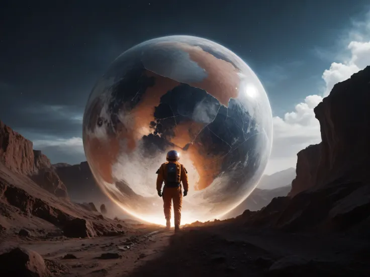 A desolate lunar landscape illuminated by the soft glow of cosmic auroras, with a solitary astronaut walking on the cracked surface of a broken satellite. The scene captures both the vast loneliness and the beauty of exploration, with intricate details on ...