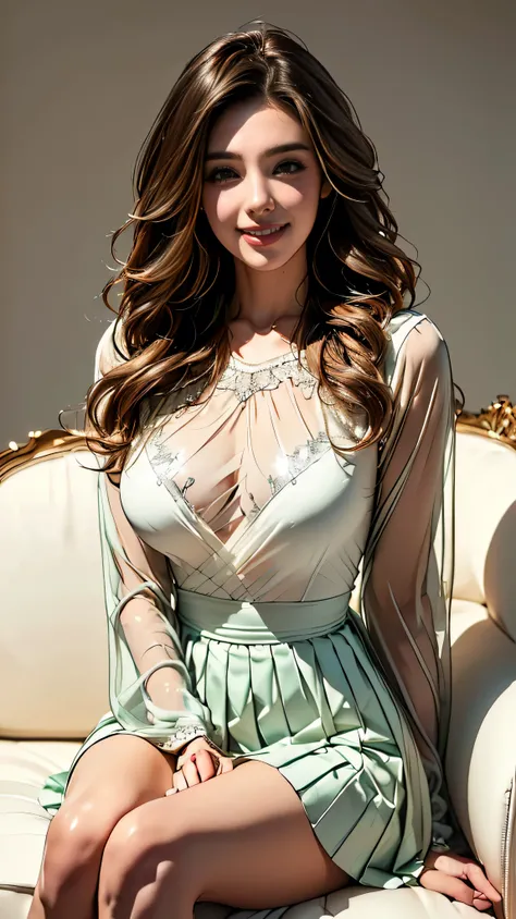 ( ultra detail,  photorealistic,  best quality, 4K, 8k,  high definition ,  Masterpiece :1.3), Erin Anderson,  tall and slim ,  Long Wavy Golden Blonde Hair , Loose curls, Bright green eyes, captivating,  friendly , ((wearing white mini dress decorated wit...