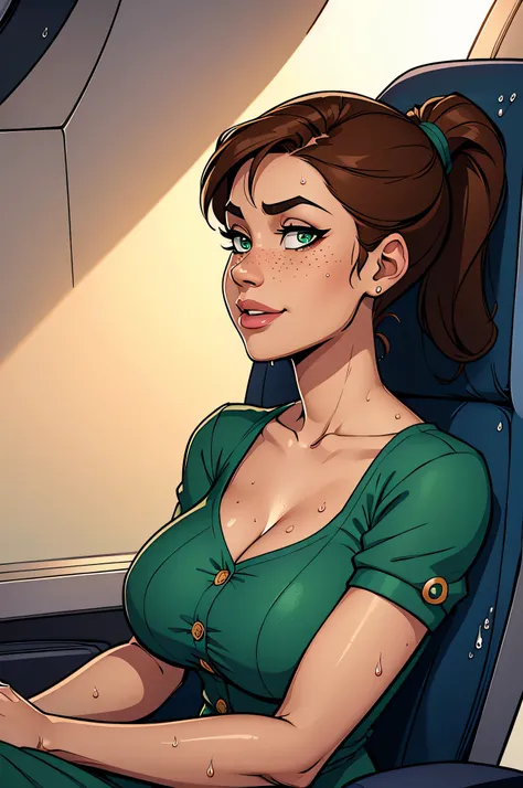 ( Absurd,  high quality ,  ultra detailed,  watch out for your hand  )  Close of an athletic and thin curvaceous  (flight attendant), 25 years, 8k ((  high definition)), cute smile, seductive look,  green eyes , wearing a long dark blue  ((V-neck, with but...