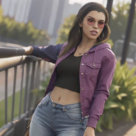 (very & blured background, bokeh) (night LUCIA From GTA 6: Clothing: Casual Urban Style: Lucia we mightar wear clothing a modern, urban aesthetic, assuch fitted jeans or cargo pantsed pair with stylish tops. Layered Looks: She could be funnel in layered ou...