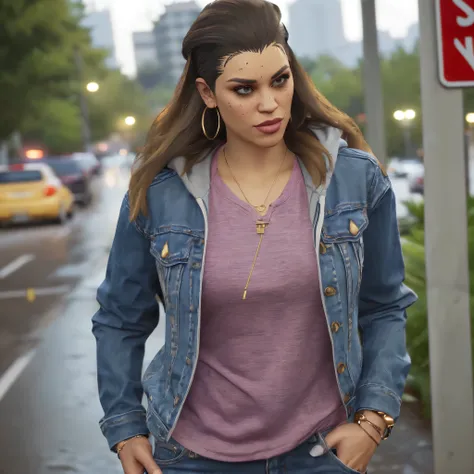 (very & blured background, bokeh) (night LUCIA From GTA 6: Clothing: Casual Urban Style: Lucia we mightar wear clothing a modern, urban aesthetic, assuch fitted jeans or cargo pantsed pair with stylish tops. Layered Looks: She could be funnel in layered ou...