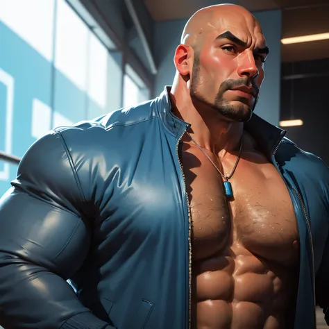 an exaggeratedly muscular and large bald bodyguard, beefy build, mixed race, (wearing blue sports jacket: 1.2), whistle necklace, (bara pecs: 1.3), (arm and chest hair: 1.1), close-up portrait HD, indoor pool background