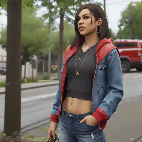 (very & blured background, bokeh) (night LUCIA From GTA 6: Clothing: Casual Urban Style: Lucia we mightar wear clothing a modern, urban aesthetic, assuch fitted jeans or cargo pantsed pair with stylish tops. Layered Looks: She could be funnel in layered ou...