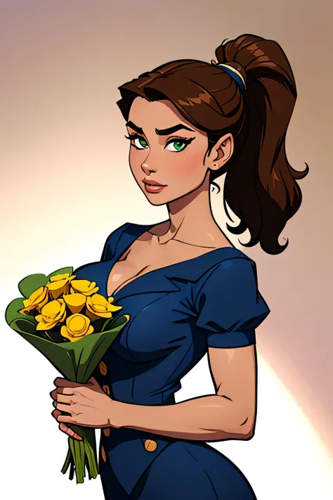 ( absurd, high quality , ultra detailed, watch out for your hand ) Close-up of a woman (flight attendant) athletic and skinny curvy , BOUQUET, 25 years, 8k (( high definition)), serious face, seductive look, green eyes , wearing a long dark blue dr...