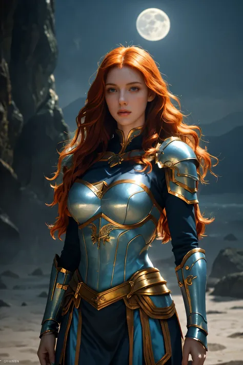 ( Woman similar to Triss from The Wicther), (beautiful woman) (ginger hair curly hair long hair), (pale skin), (light blue olhos light blue), ( wearing gold armor), (Mount Olympus at Night with the Moonlight), ( angry expression ), ( strong look ), (standi...