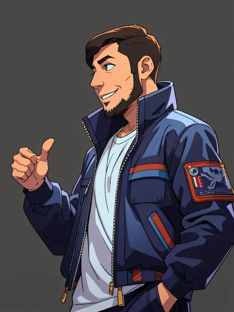 a close up of a man in a jacket pointing at something, cartoon artstyle, realistic artstyle, high quality portrait, in style of digital illustration, nft portrait, cartoon digital painting, 2d portrait, cartoon art style, detailed vectorart, realism artsty...