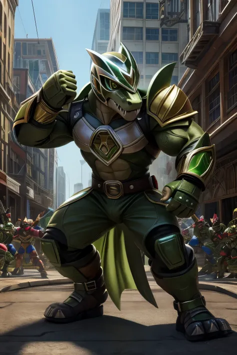 Detailed picture of a male olive green power ranger that uses a crocodile as a motif, A helmet obscures their face, no cape, many fangs on his hands, taking a fighting pose on the building