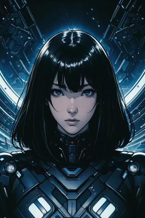 ((best quality)), ((masterpiece)), (detailed), perfect face of cyberpunk mecha japanese girl, shiny black eyes, shiny black body, shiny black hair, ((monochromatic black color palette)), surreal, art nouveau, in the illustrative style of moebius, spaceship...