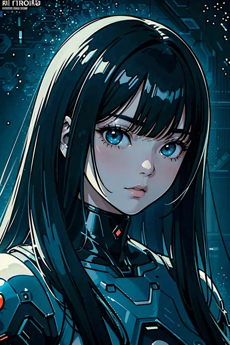 ((best quality)), ((masterpiece)), (detailed), perfect face of cyberpunk mecha japanese girl, shiny black eyes, shiny black body, shiny black hair, ((monochromatic black color palette)), surreal, art nouveau, in the illustrative style of moebius, spaceship...