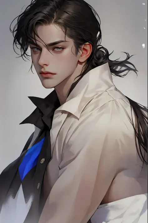 Pale, pointed face , Straight ashy black hair, Gray and cold eyes,alucard, He is a man