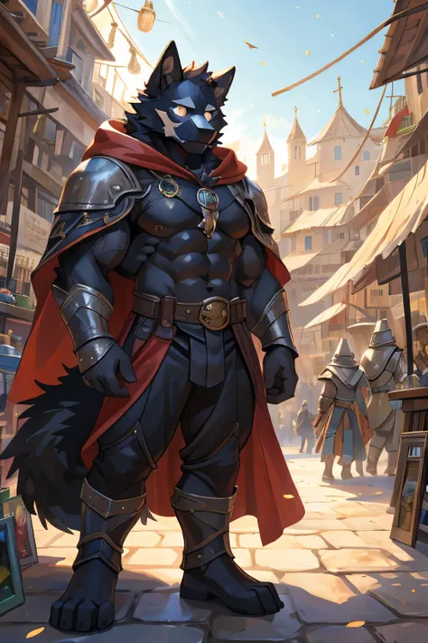 impasto, masterpieces, official art, anthro, male, standing, muscle, strong, mane, armor, Cloak, detailed eyes, upper body, (bust portrait), noon, bazaar, masses, Medieval town, light particles, Pino Daeni, Michael & Inessa Garmash, yupa, wolf, five finger...