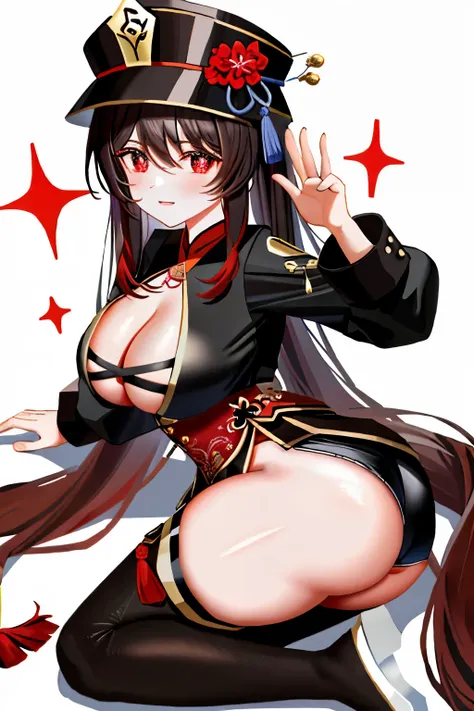 tmasterpiece，Need，1girl，hu tao（the original god），Bou Tao，Hats，red - eyed，dual horsetail，A brown-haired，solo，symbol-shaped pupils，long whitr hair，By bangs，Black shorts，Hanfu，gigantic cleavage breasts，semi-bare，Sexy big ass，Fiddling with sexy ass，Expose sexy...