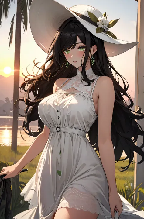 (top quality, masterpiece, high quality, ultra-delicate), ((beautiful adult woman)), ((Dark black hair)), mature, graceful curves, (long hair, long bangs), ((bright green eyes)), detailed eyes, modern clothing, bangs, fashionable clothing, ((Long White Sun...