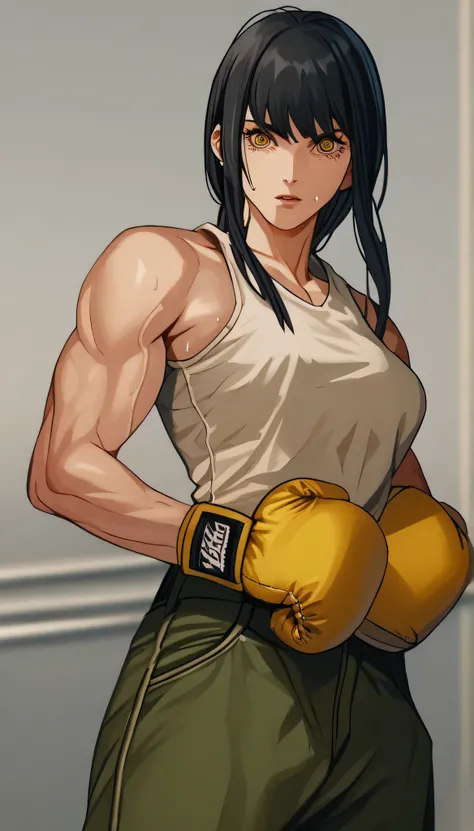 black hair,masterpiece,best quality,highres,ultra-detailed,aashizue,yellow eyes,long hair,cargo pants,(tank top:1.2), boxing gloves,toned, muscular,sweating, (sleeveless:1.4),cowboy shot,