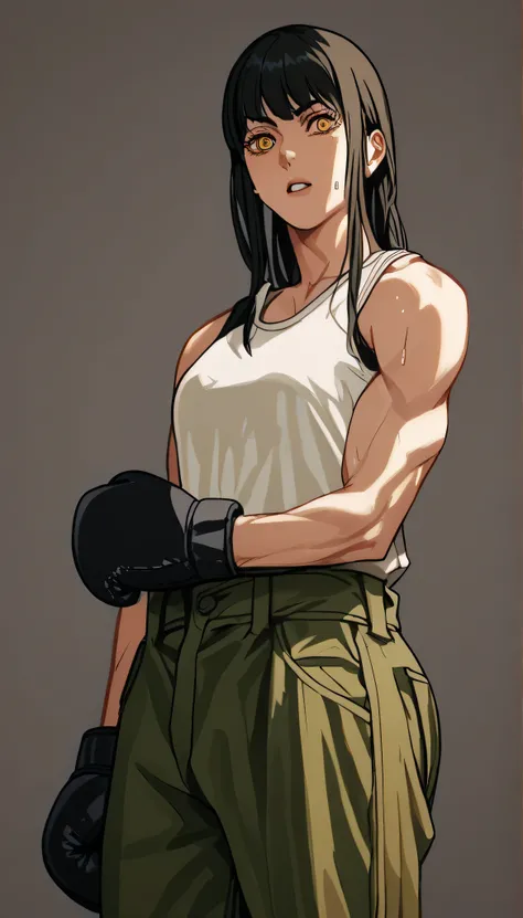 black hair,masterpiece,best quality,highres,ultra-detailed,aashizue,yellow eyes,long hair,cargo pants,(tank top:1.2), boxing gloves,toned, muscular,sweating, (sleeveless:1.4),cowboy shot,