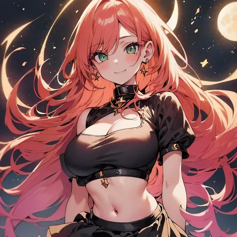 High resolution, masterpiece,1girl, ginger hair, vibrant green eyes, pink lips, long hair, bangs, pale skin, closed mouth smile, shoulderless crop top, midriff, big boobs, cleavage, black top, white jewelry, short skirt, moonlight and stars, upper body, be...