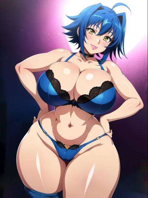 Highschool dxd, Xenovia, 1girl, (((bimbo))), short blue hair, yellow eyes, puffy lips, painted lips, thick lips, wide hips, thick thighs, big breast, huge ass, revealing cleavage, erotic, Smile face, bubble butt, camel toe, big Breasts, blue jeans, bra,