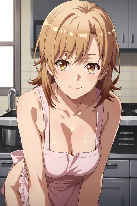 score_9, score_8_up, score_7_up, source_anime,
irohaisshiki, iroha isshiki, short hair, brown hair, brown eyes, upper body,
naked apron, cleavage, 
indoors, kitchen, light smile, closed mouth, bent over,
looking at viewer, from front, solo, 