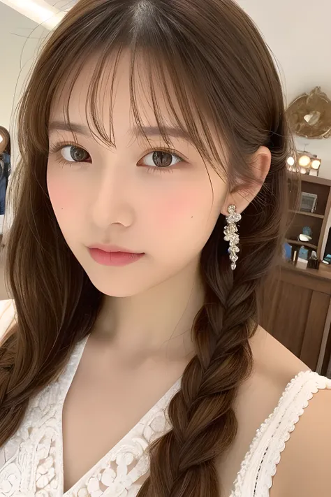 ( side view),1 girl,(Selfie with iPhone),Long hair with light brown fringe,Braided Hair,Disheveled Hair,Light brown eyes、(Dignified expression)、(Colorful Micro Bikini),(Medium Chest:1.4),(realistic),(intricate details:1.2),( masterpiece ,:1.3),(top quality...