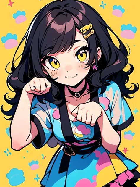 ( chibi),dutch angle,Alone,black wavy medium hair,(see through bangs),makeup,gloss eyeshadow,yellow far animal sexy dress,black mini skirt, beautiful breast,paw pose,cute face,colorful cute polka dot background、 wonderland 、（ I am the protagonist:1.3）、(man...