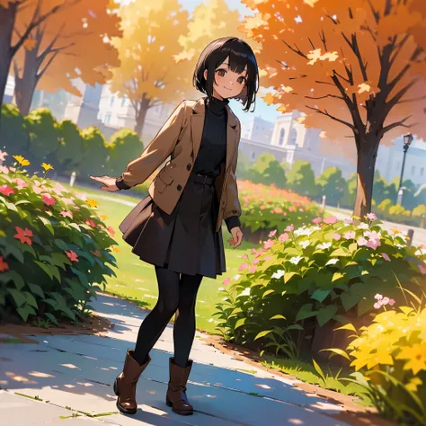 ( High Quality ,  high definition , Very detailed, reality:1.37), Peaceful atmosphere, (Outdoor, garden ,autumn),  teenage girl standing alone, Beautiful details,  cute smiles , (Black Bob), Ribbed sweater,Brown skirt, Black tights,  brown boots .