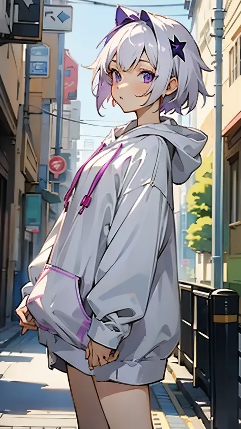   anime girl  , White short hair,  purple eyes,  hoodies , pc, streamer, vtuber,  street style