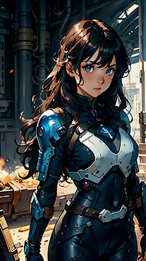 Big Black Eyes , aura, long light brown wavy hair , Black and blue sci-fi armor, SF wind, High Quality , vibe, war