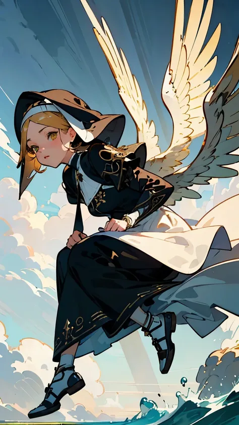 (( RAW photos )), ((  Masterpiece  )),  An anthropomorphic humanoid angel girl wearing nun armor,  intricate details ,  running shoes, Intricate Grieble Piece , The sea behind, Yellow Wings, beautiful,  Fine eyes and lips 