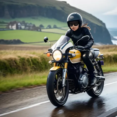 (A young female rider speeds along on a motorcycle)、Vintage Bikes、Bluff Superior SS100、Isle of Man Races、Leather jumper、Cromwell helmet with goggles、After the Rain、English countryside、(Highest quality, masterpiece, High resolution)、8k、wallpaper