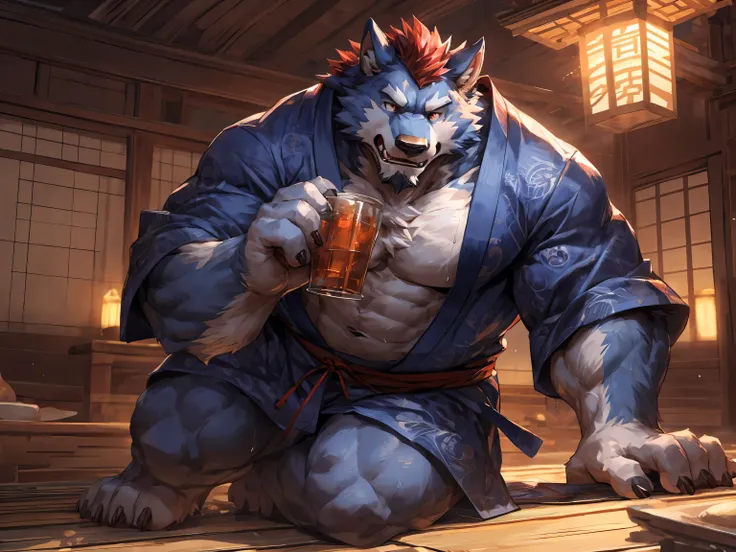 Werewolf, (Short red hair:1.2), (midnight blue toned fur:1.3), solo, paw pads details, passive, worried, (tipsy), (Drunken expression), masterpiece, (16K), HD, Various facial details, detailed background, very detailed, dynamic poses, Eyes details, high re...